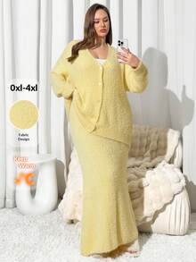 Auralis Plus Size Women Solid Color Long Sleeve Single-Breasted Knitted Cardigan And Knitted A-Line Skirt Casual Suit, Yellow Plus Size Spring - Yellow - View 5