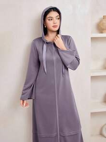 Veilorie Women's Casual Zip-Up Solid Color Hooded Long Sweatshirt Dress In Fall/Winter - Dusty Purple - View 8