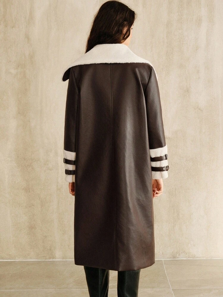 女性用ファッショナブルなターンダウンカラー フェイクファー裏地 長袖デザイン ロングコート、秋、冬、外出、エレガント、フォーマル、パーティー、シック、新年に適しています