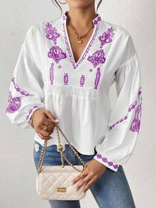 EMERY ROSE Women's Shirred Graphic Print Long Sleeve Button Shirt Peplum Top