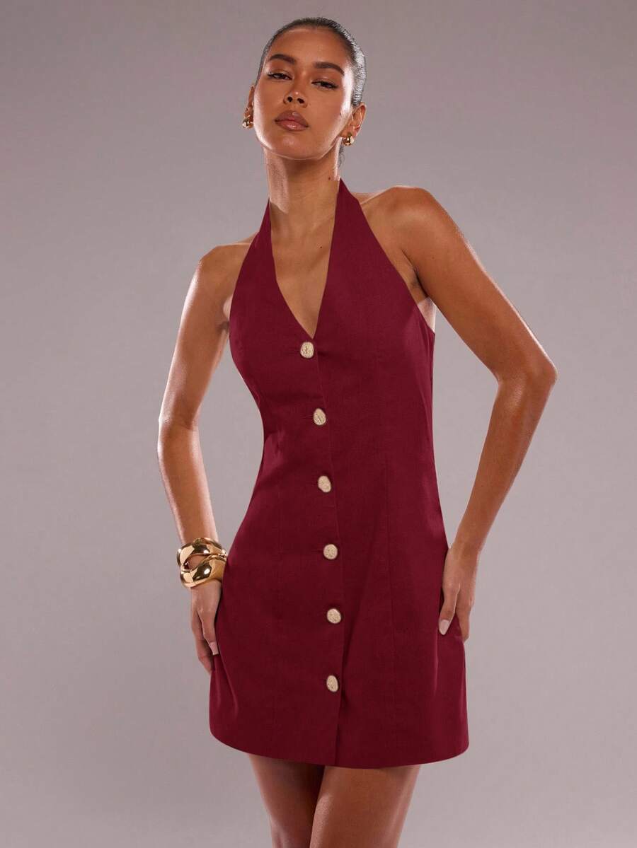 SHEIN BAE 女式纯色金属单排扣挂脖迷你连衣裙 - 酒紅色 - 查看 1