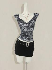 SHEIN ICON Áo thun bó sát họa tiết da báo và ren tương phản Y2K dành cho nữ - Xám - Xem 3