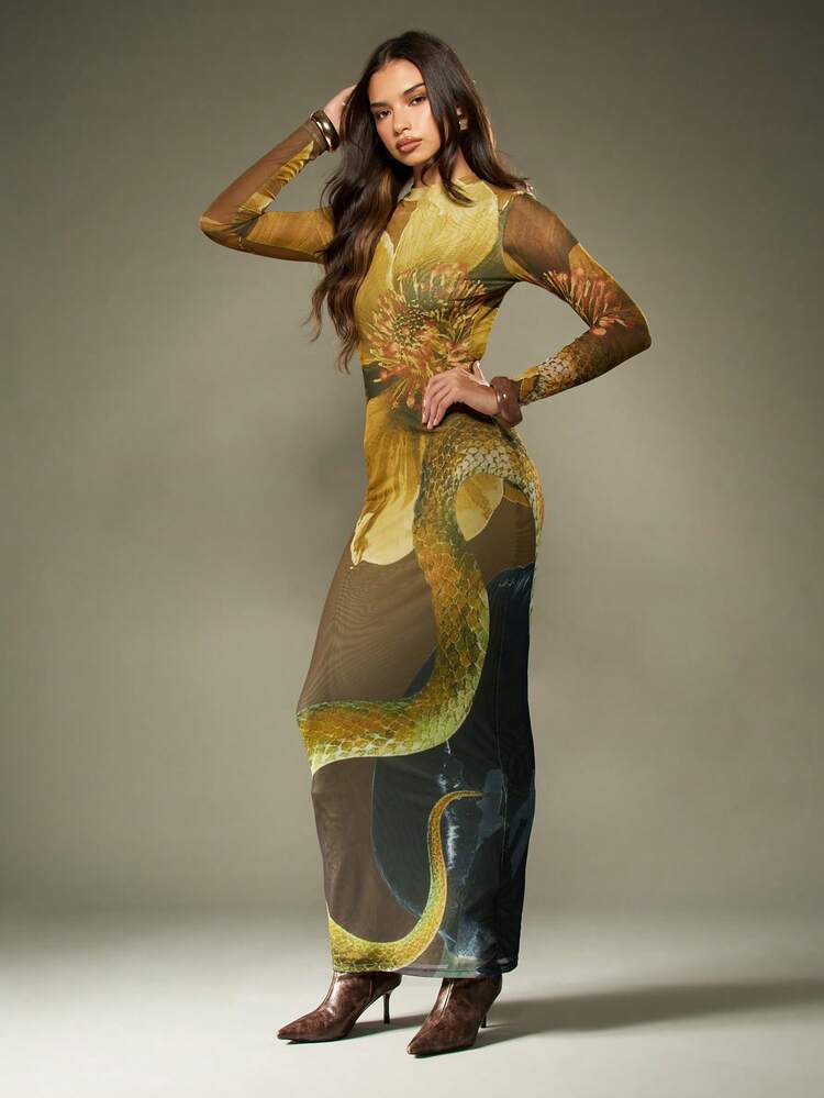 MISSGUIDED Luksusowa, siateczkowa sukienka maxi z długim rękawem i wysokim dekoltem, z nadrukiem węża, z odkrytymi plecami, wieczorowa, do kostek, dopasowana, na specjalne okazje, jesienno-zimowa