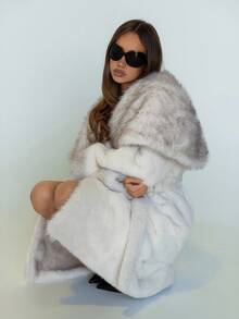 SHEIN ICON 秋冬女士仿毛领长袖时尚长款外套 - 米色 - 查看 1