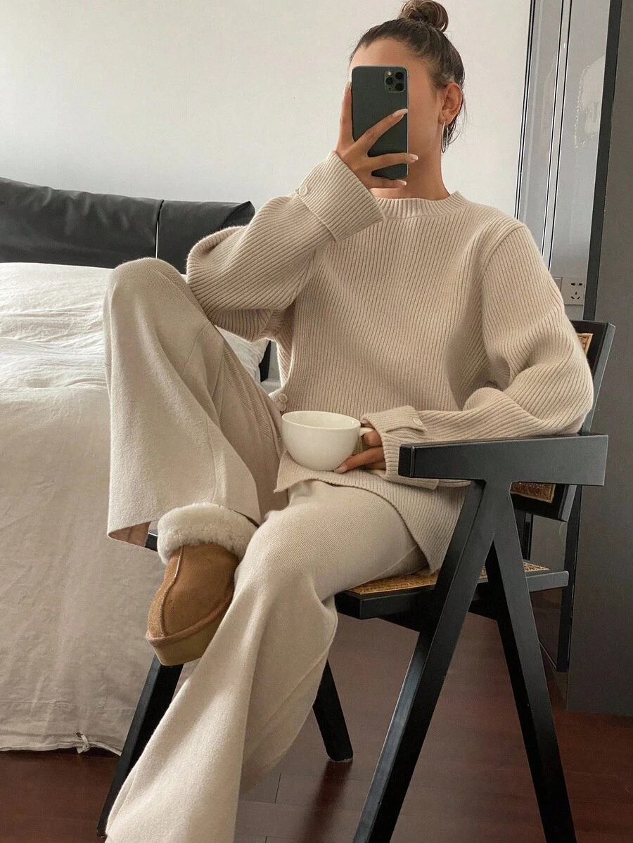 DAZY Women's Casual Solid Color Crew Neck Sweater And Pants 2-Piece Set, Autumn