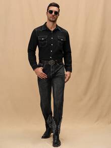 Manfinity Nomadique Men's Solid Front Button-Down Casual Long-Sleeved Shirt, For Fall - Black - View 3