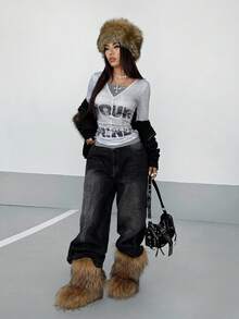 StreetHx Women's Gray Printed Patchwork Striped Long Sleeve T-Shirt - Grey - View 5