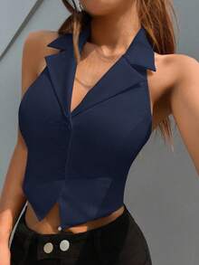 SHEIN EZwear Women's Navy Blue Woven Racerback Halter Vest In Fall/Winter - Navy Blue - View 1