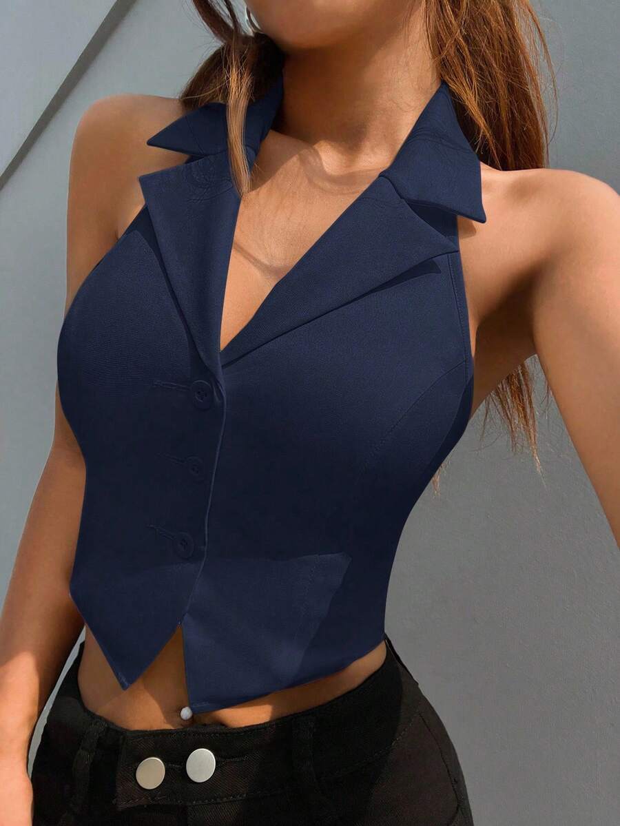 SHEIN EZwear Women's Navy Blue Woven Racerback Halter Vest In Fall/Winter - Navy Blue - View 1