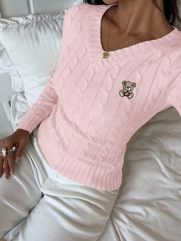 SHEIN EZwear Women's Autumn Cartoon Bear Embroidery & Twist Cable Pattern V-Neck Long Sleeve Fitted Sweater,Fall Women Sweaters Pullover For Women Cute Long Sleeve Tops Women Sweaters Pink Sweater