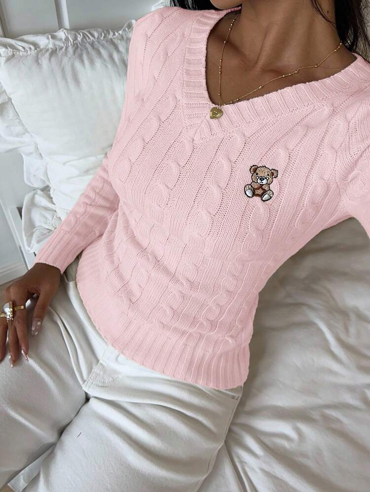 SHEIN EZwear 女式秋季卡通熊刺绣扭纹图案 V 领长袖修身毛衣，秋季女式毛衣套头衫女式可爱长袖上衣女式毛衣粉色毛衣 - 粉色 - 查看 1
