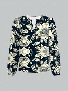 Koszula damska Glamance STROM NIGHT w kolorze niebieskim z długim rękawem i dekoltem w serek, z nadrukiem w kwiaty i rośliny w stylu boho, jednolity kolor, odpowiednia na zewnątrz, do biura, na co dzień, w podróż, na lotnisko, na ulicę, na jesień - Wielokolorowe - Zobacz 3