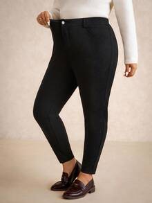 Elaquor Calça Skinny Preta Casual do Dia a Dia para Mulheres Plus Size - Damasco - Visão 3