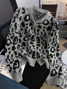 GlowEve CURVE 大码女式豹纹提花前扣休闲开衫 - 黑色 - 查看 1