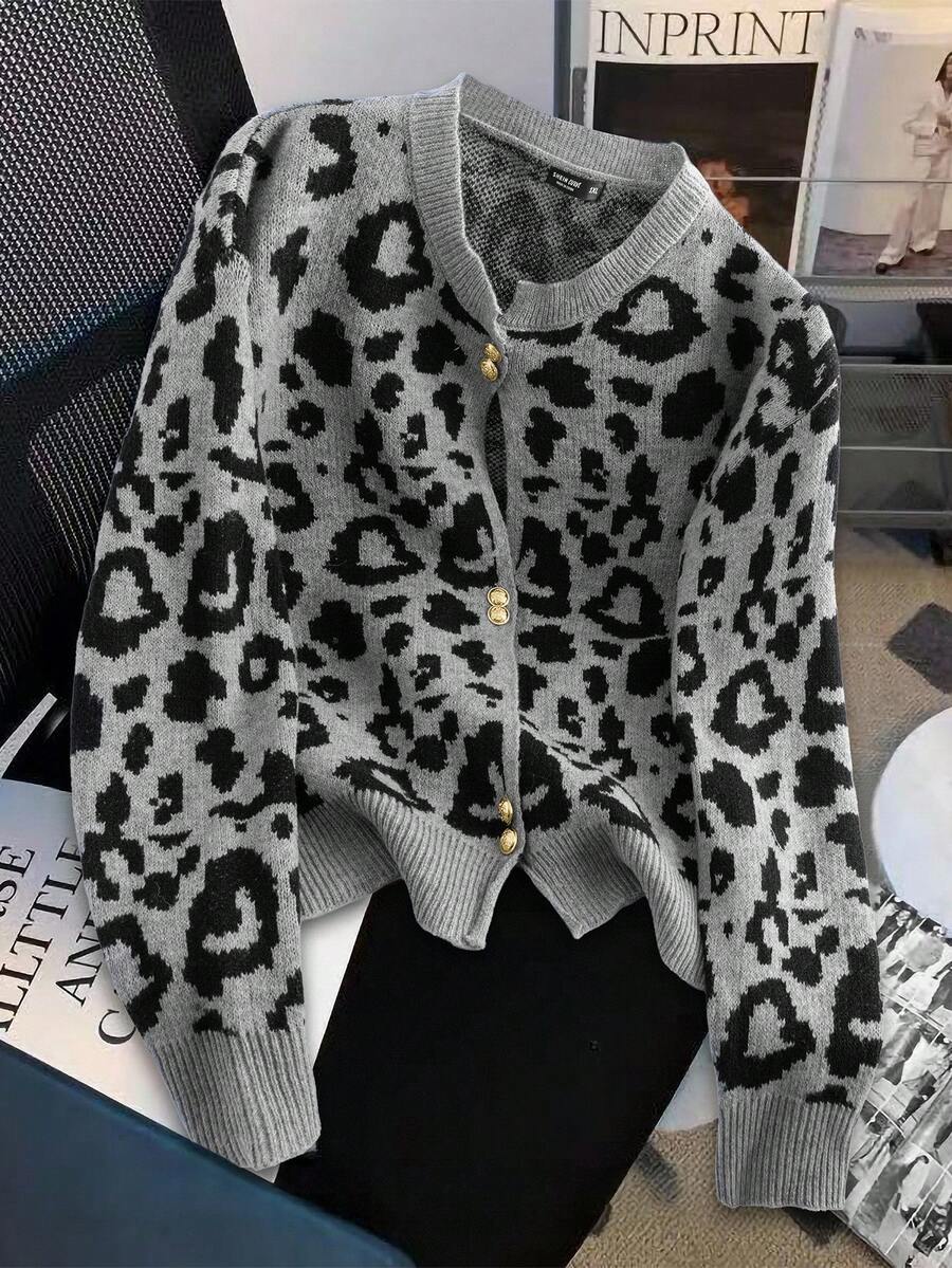 GlowEve CURVE 大码女式豹纹提花前扣休闲开衫 - 黑色 - 查看 1