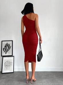 EURMUSE Elegant Commuter Solid Color Ruched Fitted Dress - Red - View 2
