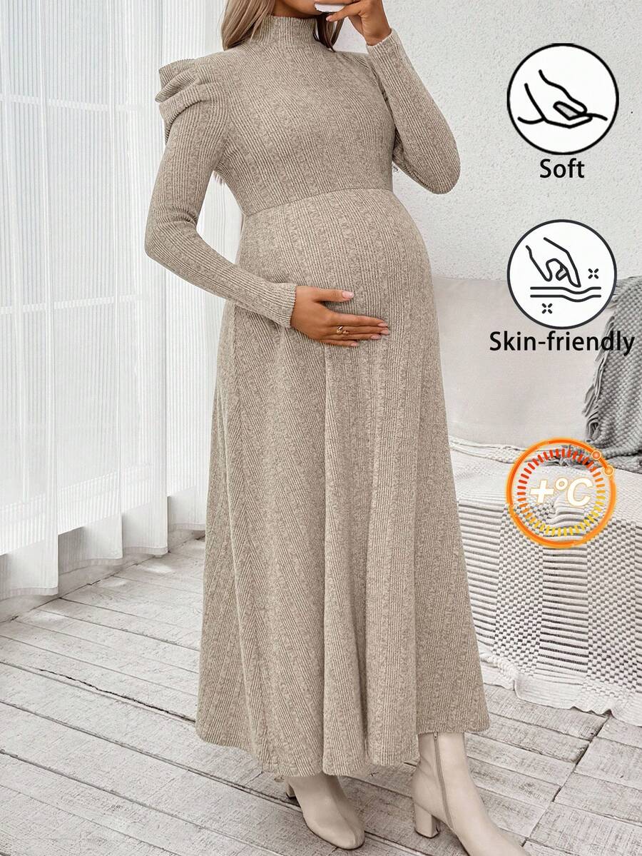 SHEIN Elegant Autumn Maternity Photoshoot Dress, Pregnant Women Stand Collar Ribbed Dress,Long Sleeve Solid Bump Friendly Fall Casual Dress - Apricot - View 1