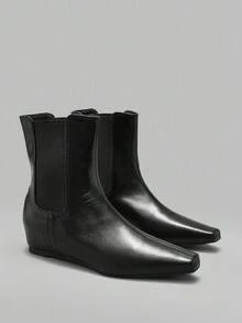 Ontre 女士欧美风踝靴，新款秋冬平底方头修身靴，圣诞节必备 - 黑色 - 查看 2