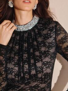 Anewsta Elegant High-End Black 3D Rhinestone Lace Long Sleeve Fitted Mermaid Dress For Women, Autumn/Winter - Black - View 1
