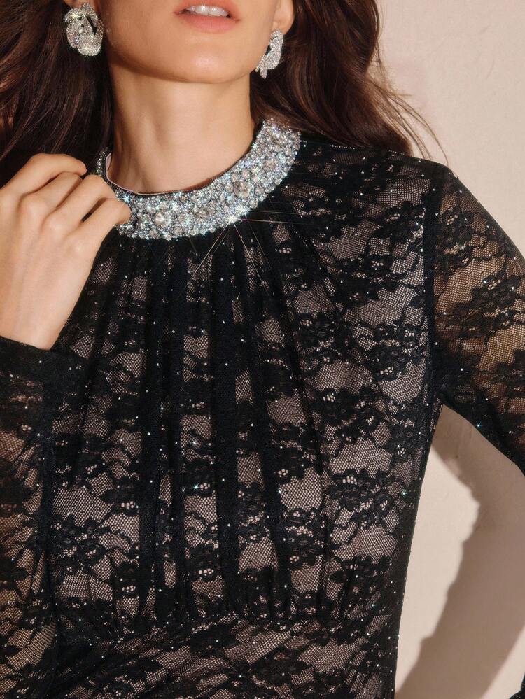 Elegant High-End Black 3D Rhinestone Lace Long Sleeve Fitted Mermaid Dress For Women, Autumn/Winter