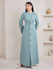 Veilorie Women's Simple Solid Color Long Sleeve Arabic Dress For Daily Wear - Green - View 5