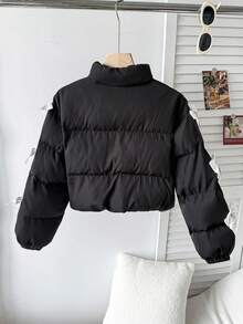 SHEIN Tween Girls Solid Black Color Stand Collar Casual Contrast White Bow Detail Winter Coat, Thickened Loose Fit Oversized Padded Coat Girls Black Puffer Jacket Puffer Jacket With Bows Cropped Puffer Jacket Black Cropped Puffer Jacket Tween Puffer Jacket Girls Cropped Puffer Jacket Black Puffer Jacket With Bows Bow Jacket Black Jacket For Kids Cute Jacket Cropped Jacket Teen Tween Crop Jacket - Black - View 5