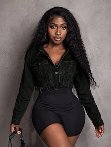 Slaydiva Women's Fringe Single-Breasted Thermal Lined Cropped Casual Denim Jacket, Autumn/Winter Women's Winter Jacket - Black - View 4