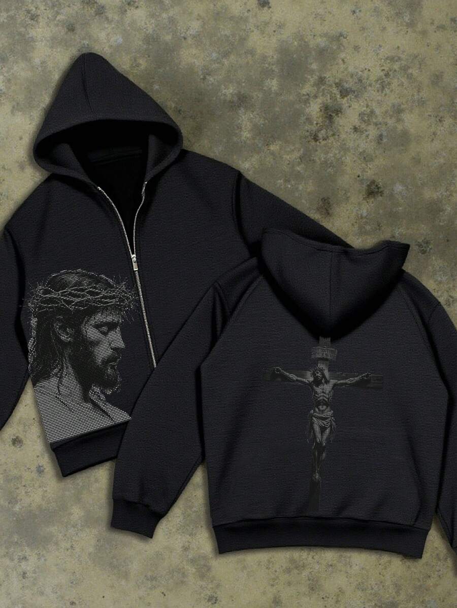 Manfinity Dauomo Chaqueta casual personalizada con estampado para hombres, sudadera holgada con patrón artístico, adecuada para uso diario, otoño - Negro - Ver 1