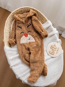 SHEIN Bộ đồ liền thân 1 mảnh dễ thương cho bé gái, đơn giản, vui tươi, dễ thương, dày dặn, chất liệu vải nỉ trơn hai mặt có họa tiết nai sừng tấm, thích hợp cho tiệc sinh nhật, tiệc tối, biểu diễn, ngày lễ Giáng sinh, thích hợp sử dụng hàng ngày, thích hợp cho trường học, thích hợp cho du lịch, thích hợp cho mùa thu và mùa đông - Màu Khaki - Xem 4