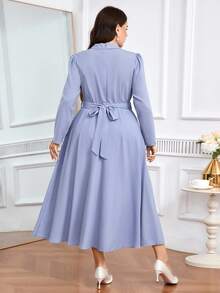 Modelyn Plus Size Women's Rhinestone Embellished Puff Sleeve Pointed Collar Elegant Dress - Blue - View 5
