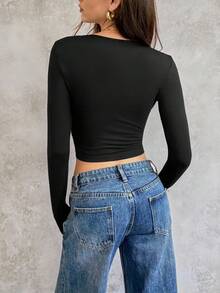 Lunelith SHEIN Lunessa T-shirt à manches longues ajusté avec col en V, patchwork en dentelle et imprimé léopard, pour tenue de printemps