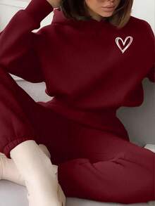INAWLY 女式勃艮第红心形印花长袖短款连帽衫和松紧腰带口袋慢跑裤两件套 - 紅色 - 查看 3