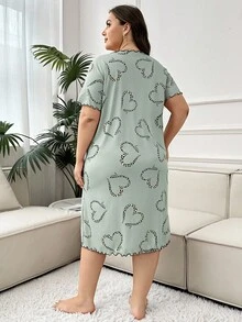 Plus Size Women Leopard Print Heart Graphic Ruffle Trim Round Neck Short Sleeve Nightgown, Moo Moo Night Dress