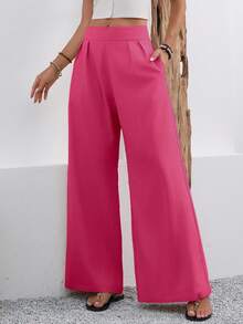 EMERY ROSE 女士纯色高腰褶皱口袋阔腿宽松休闲裤 - 玫紅色 - 查看 3