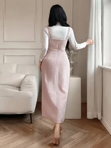 DAZY 女士格子V领无袖中长连衣裙，秋季连衣裙 - 粉色 - 查看 2