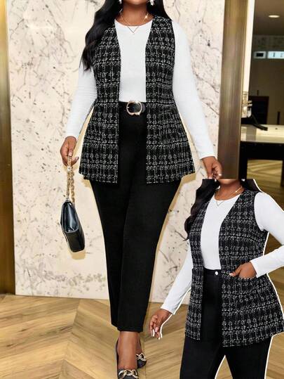 SHEIN Lady Chaleco a cuadros minimalista negro y blanco de talla grande, adecuado para uso diario en otoño/invierno