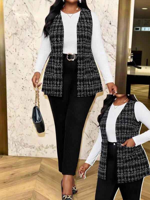 SHEIN Lady Chaleco a cuadros minimalista negro y blanco de talla grande, adecuado para uso diario en otoño/invierno