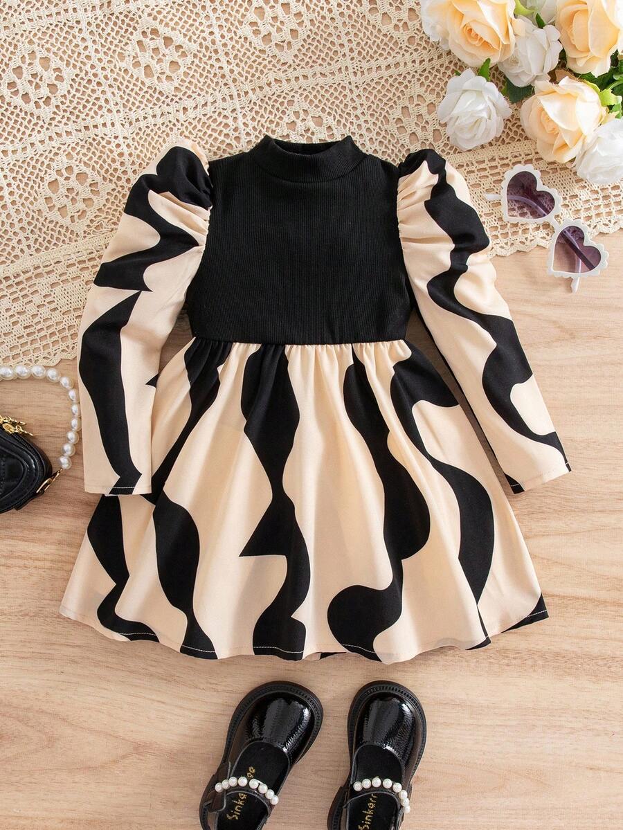 SHEIN Babygirl Elegant Colorblock Long Sleeve Vacation Dress Fall Winter - Multicolor - View 1