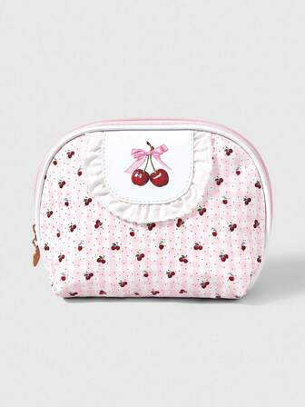 Kawaii 1 pezzo Borsa cosmetica portatile a forma di semicerchio di grande capacità in pizzo bianco e con motivo a pois e ciliegie