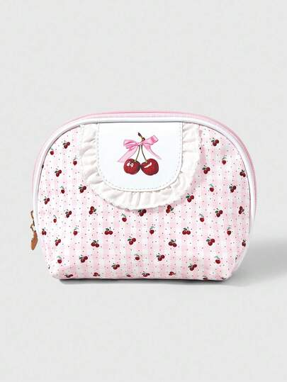 Kawaii 1pc White Lace & Polka Dot Cherry Pattern Large Capacity Portable Semicircle Cosmetic Bag