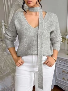 Vionelle Plus Size Women Knitted Autumn/Winter Fashion Ribbon Halter Atmosphere V-Neck Sweater, Soft & Cozy Casual Versatile Top Fall - Khaki - View 1