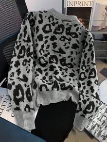 GlowEve CURVE 大码女式豹纹提花前扣休闲开衫 - 黑色 - 查看 2