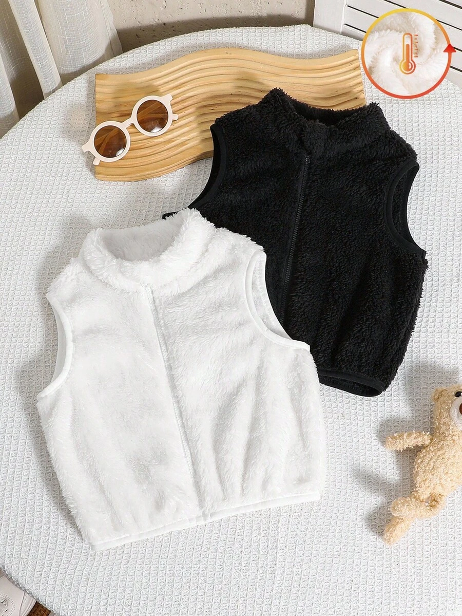 SHEIN Bộ 2 áo khoác vest mềm mại màu trơn dễ thương cho bé trai/bé gái, mùa thu/đông - Đen và trắng - Xem 1