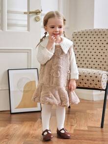 SHEIN Set de 2 piezas para bebé niña: Blusa de manga larga con cuello lindo en beige y vestido jumper grueso en color café para otoño/invierno 2025 - Caqui - Ver 6