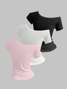 Sweetra 3 件女式夏季不对称领口修身 T 恤，基本款不对称领口上衣，黑色、白色、粉色 - 彩色 - 查看 2