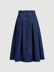 SHEIN Girlism Tween Girls Fall/Winter Fashion Versatile Navy Blue Denim Raw Edges Long Pleated Skirt,For Girls Fall/Winter  Dailywear Costume,Girls Streetwear Outfits And Back To School Clothes,Girls Christmas Outfits,  Denim Pleated Skirt, Pleated Denim Skirt, Frayed Denim Skirt, Raw Hem Denim Skirt - Dark Wash - View 2