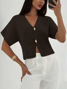 Aloruh New Minimalist Fashion Commuter Deep V-Neck Short Sleeve Slim Fit Double-Button Cardigan, Casual & Versatile In Fall/Winter,Brown Sweater - Coffee Brown - View 5