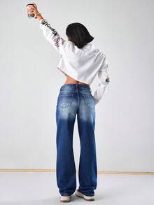 EURMUSE 女式蓝色直筒休闲百搭低腰牛仔裤 - 中等水洗藍 - 查看 2