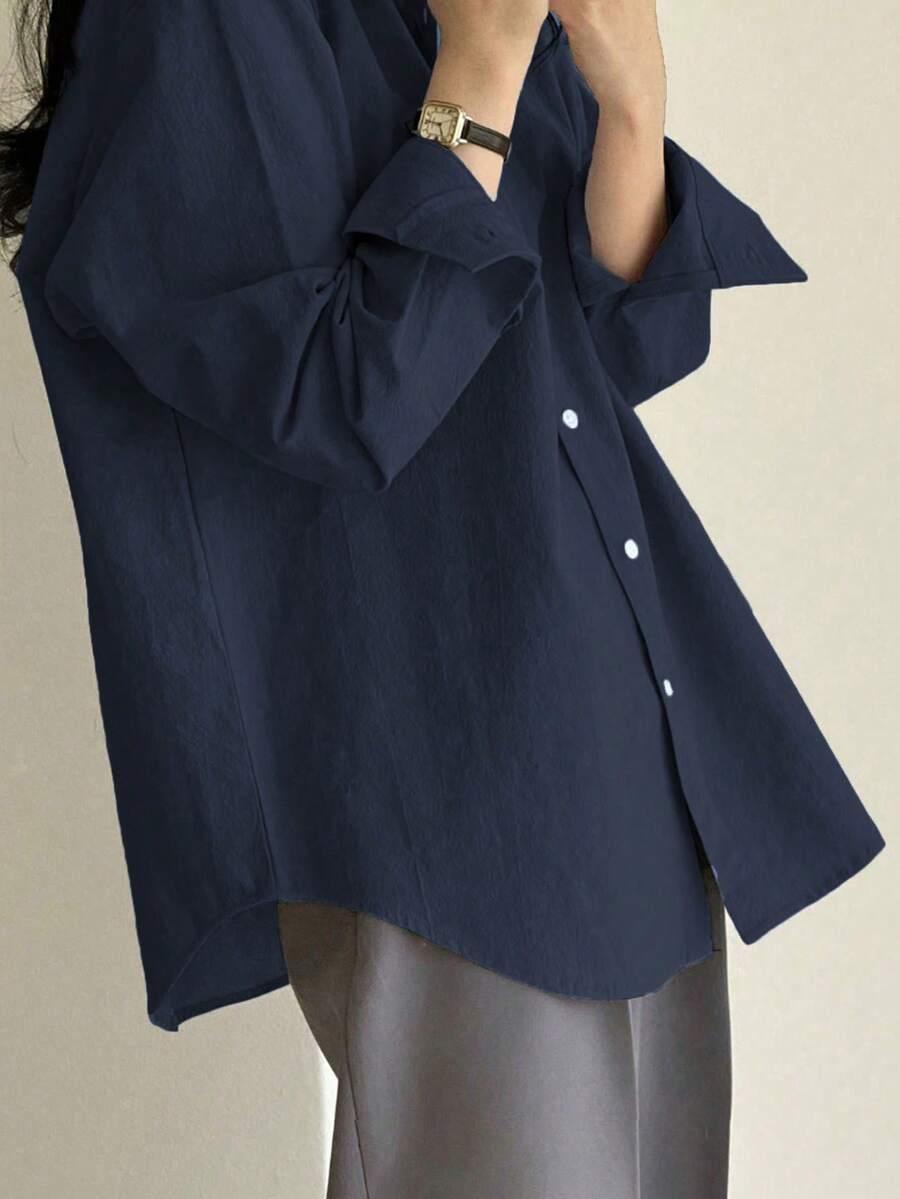 DAZY Solid Drop Shoulder Oversized Shirt,Long Sleeve Tops,Fall Clothes - Blue - View 1