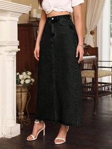 Selenza Women's High Waist Pocketed Long Casual Denim Midi Skirt - Black - View 5